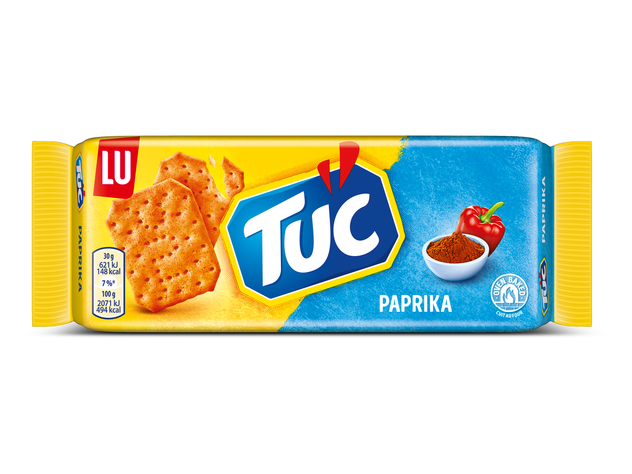 Verpakking van ovengebakken paprika crackers met voedingswaarden.