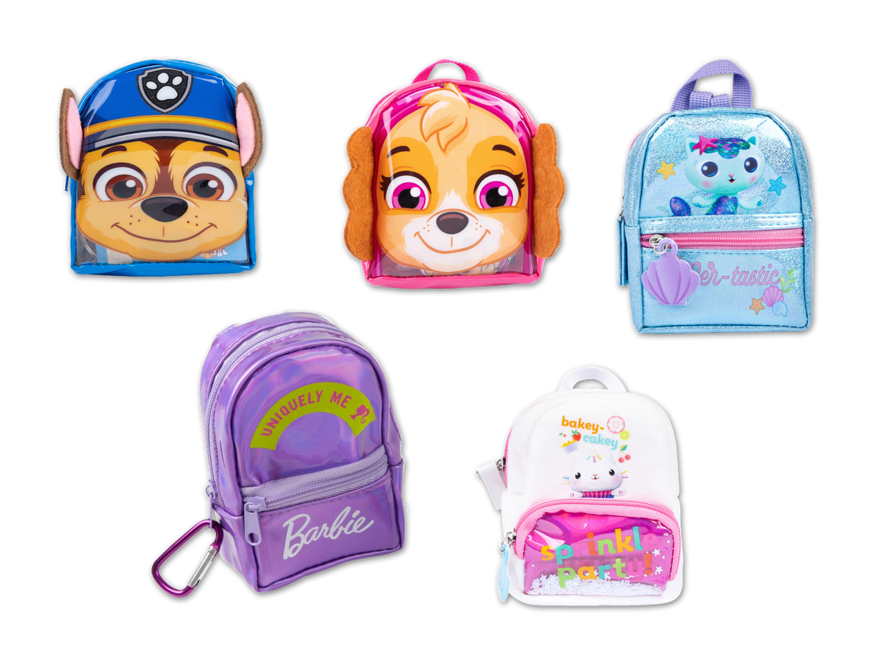 Fünf niedliche Mini-Rucksäcke mit Paw Patrol, Barbie und Meerjungfrau-Motiven.