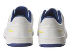 White sneakers with blue accents.