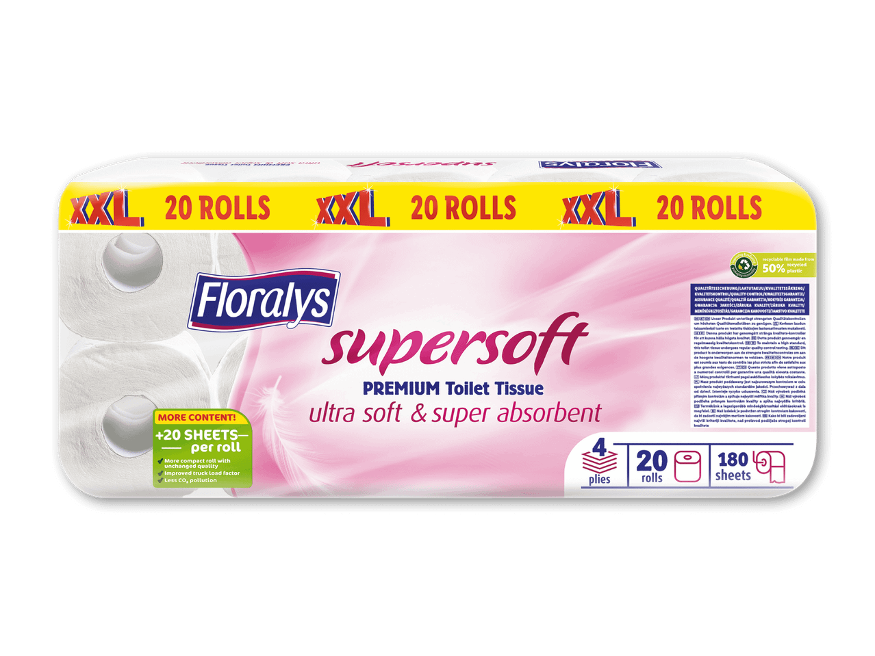 XXL pakke med 20 ruller premium toiletpapir med 4 lag og 180 ark, ultra blødt og super absorberende.
