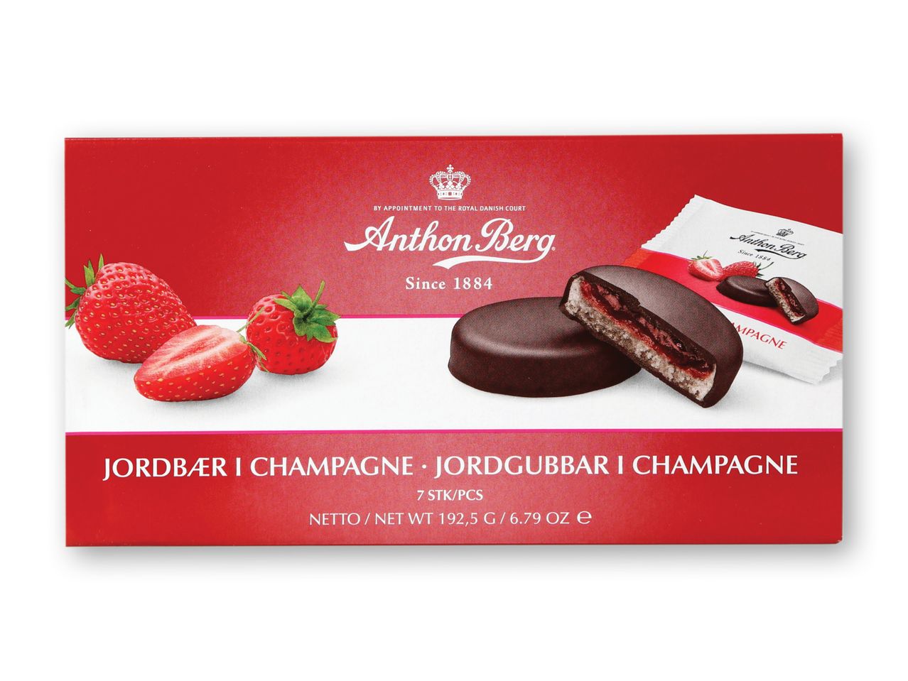 Anthon Berg chokoladeæske med jordbær- og champagnesmag, der viser hele og halverede chokolader samt friske jordbær.