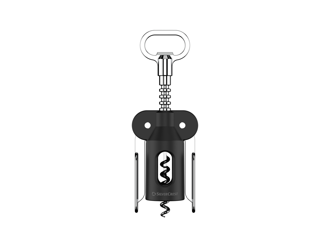 Juodas kamščiatraukis su metaline rankena ir matoma spirale.