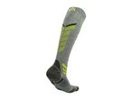 A single grey and neon yellow athletic sock with a patterned design