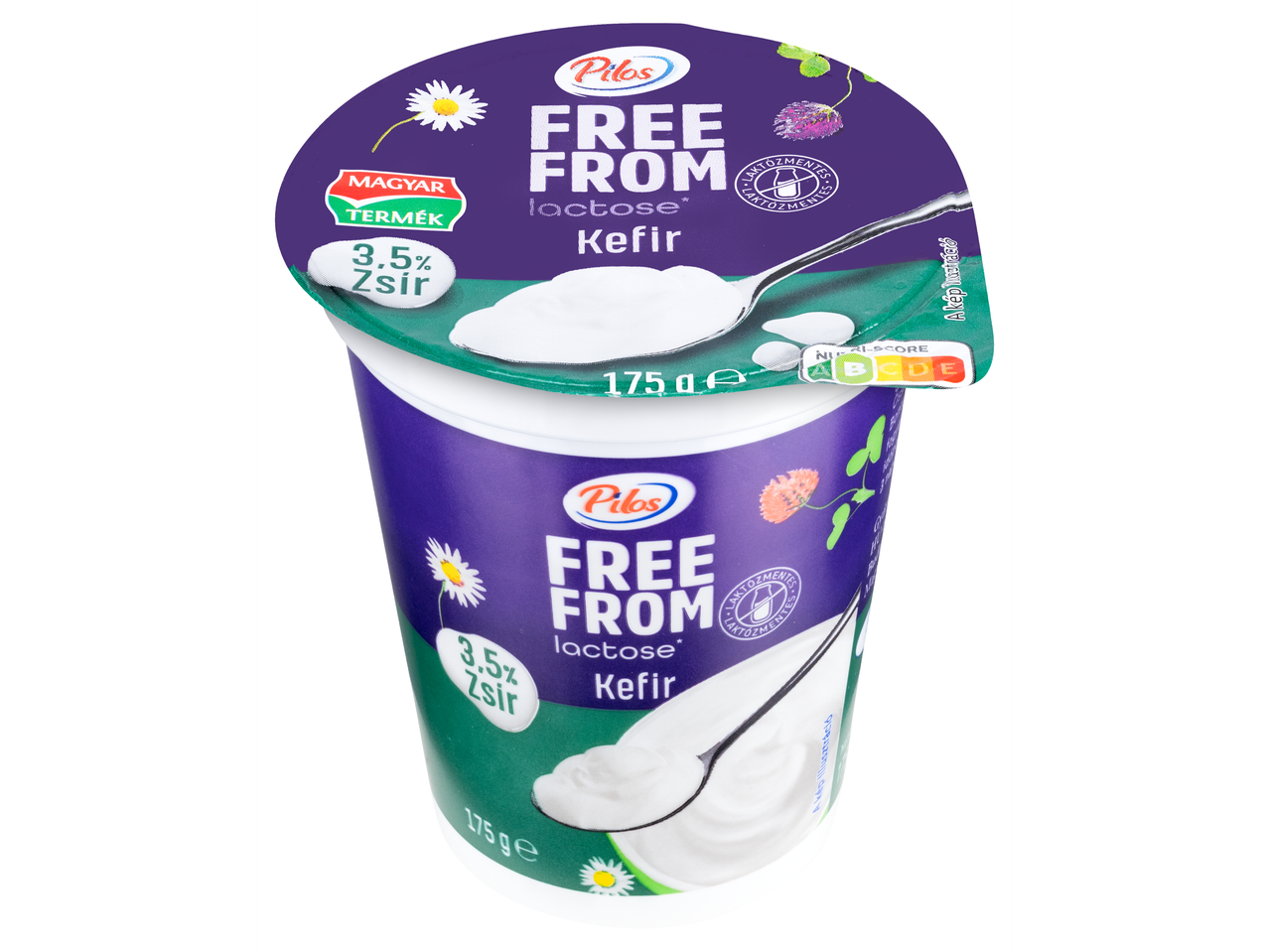 Pilos Laktózmentes Kefir 3,5% zsírral, 175g, magyar termék Nutri-Score A jelöléssel.