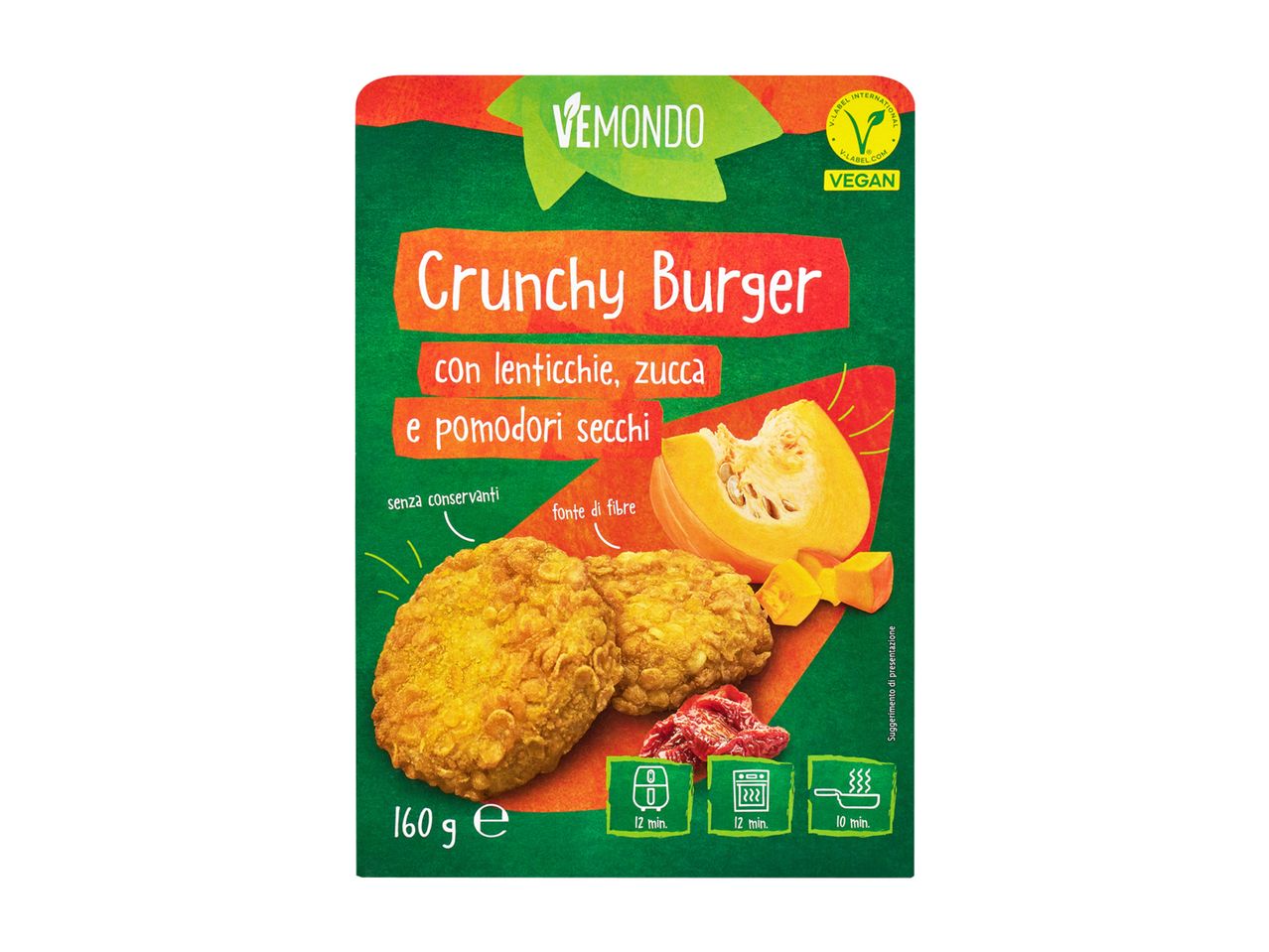 Pacchetto Vemondo di Crunchy Burger vegani con lenticchie, zucca e pomodori secchi.