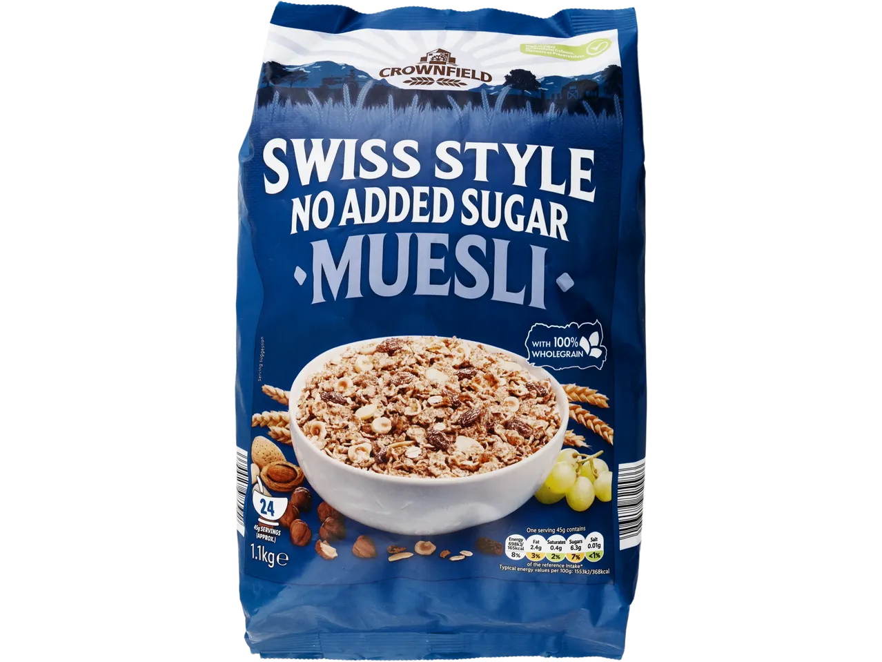 Crownfield Swiss Style No Added Sugar Muesli in a blue bag.