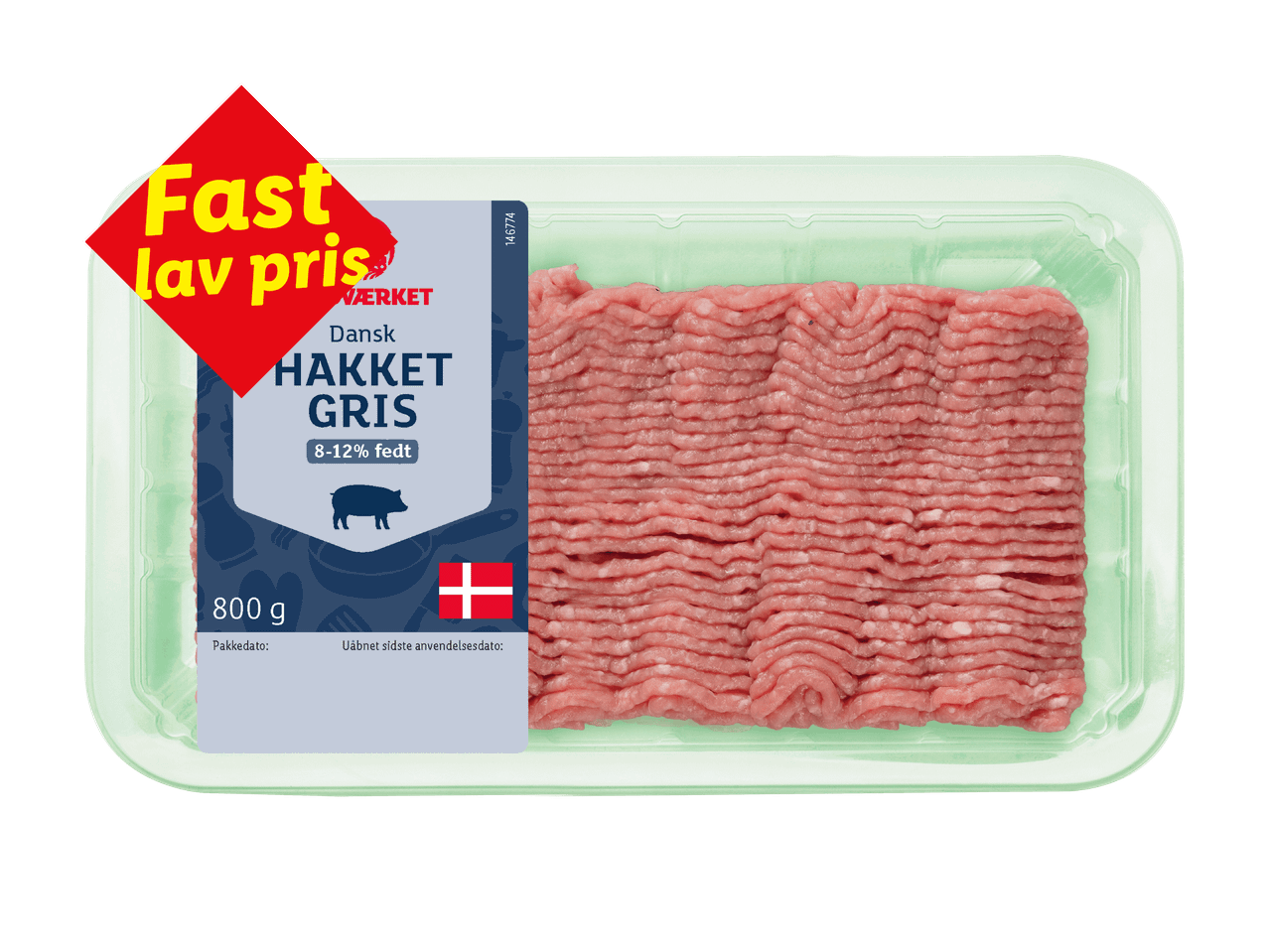 Pakke med hakket gris (8-12% fedt) på 800g med et 'Fast lav pris'-mærke.
