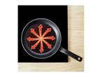 Frying pan with a heat indicator on a black induction hob and wooden surface.