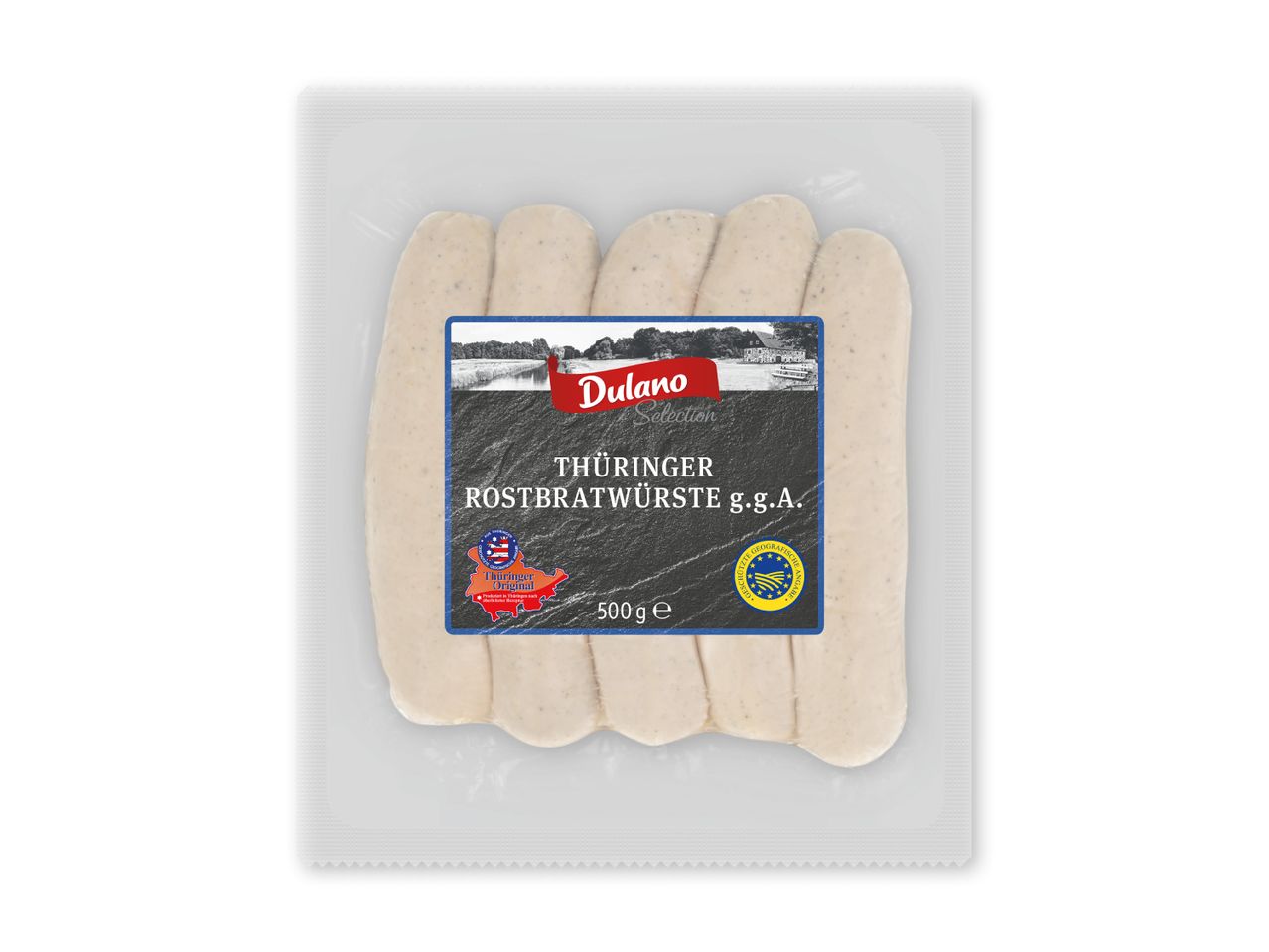 Pakke med Thüringer Rostbratwürste g.g.A. med 500g vægt.