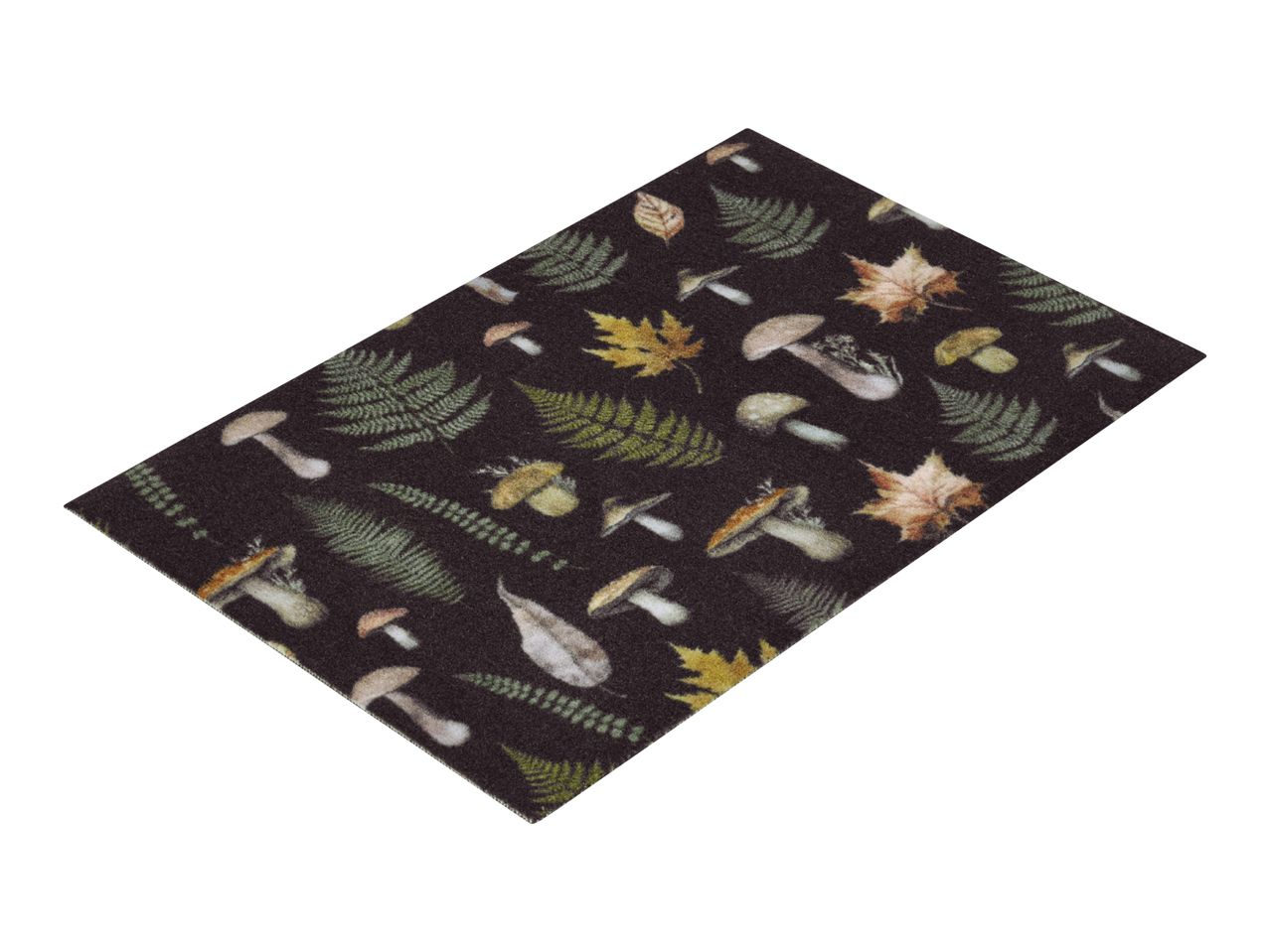 Dark brown doormat with a pattern of green ferns, brown mushrooms, and autumn leaves.