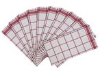 A fan-shaped arrangement of ten white kitchen towels with red pattern
