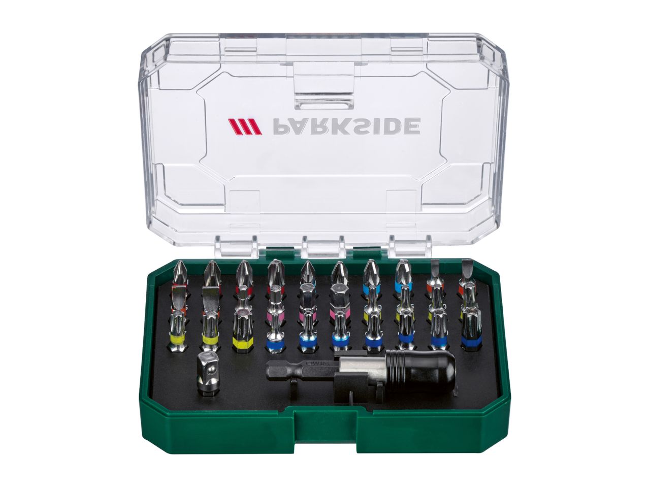 A Parkside screwdriver bit set with various bits and accessories in a clear case.