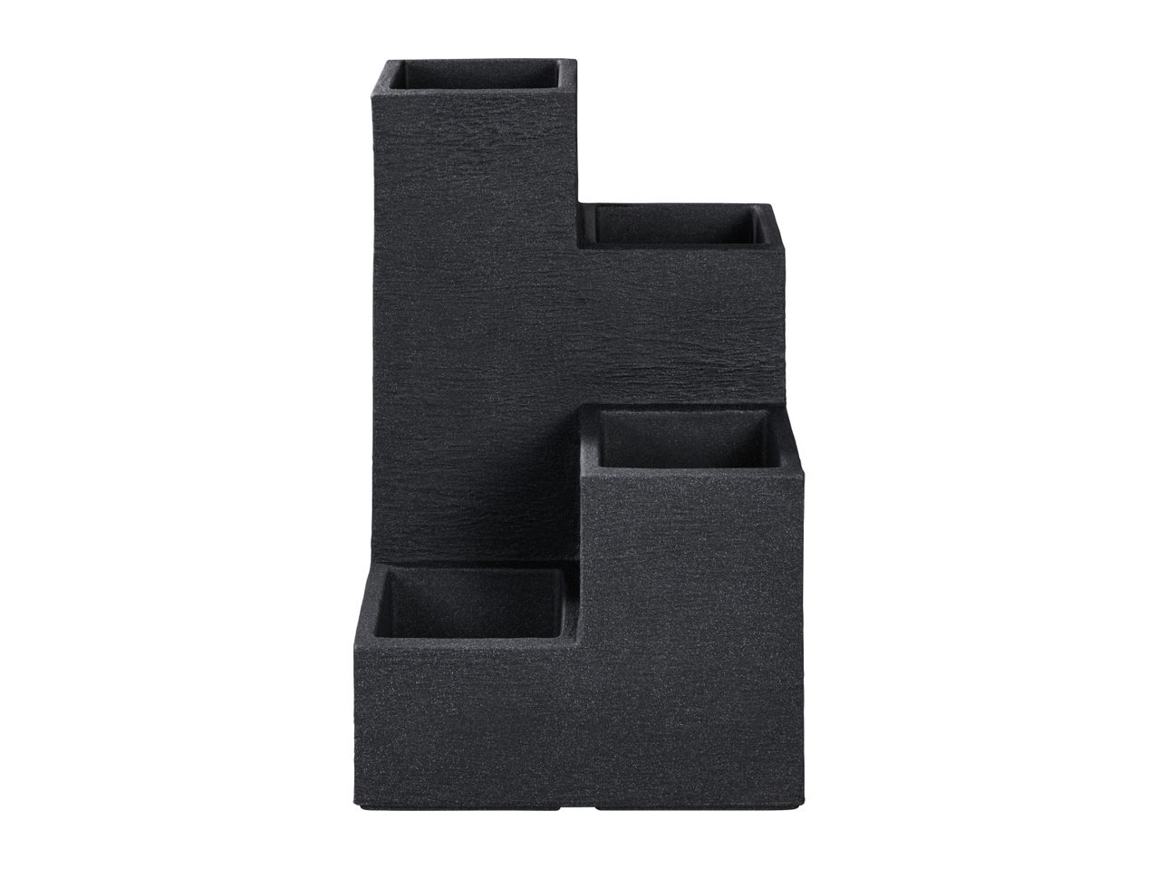 Black tiered planter with three square compartments, textured finish.