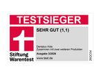 Stiftung Warentest Siegel: Testsieger, sehr gut (1,1) für Kinderprodukte, Ausgabe 3/2026.