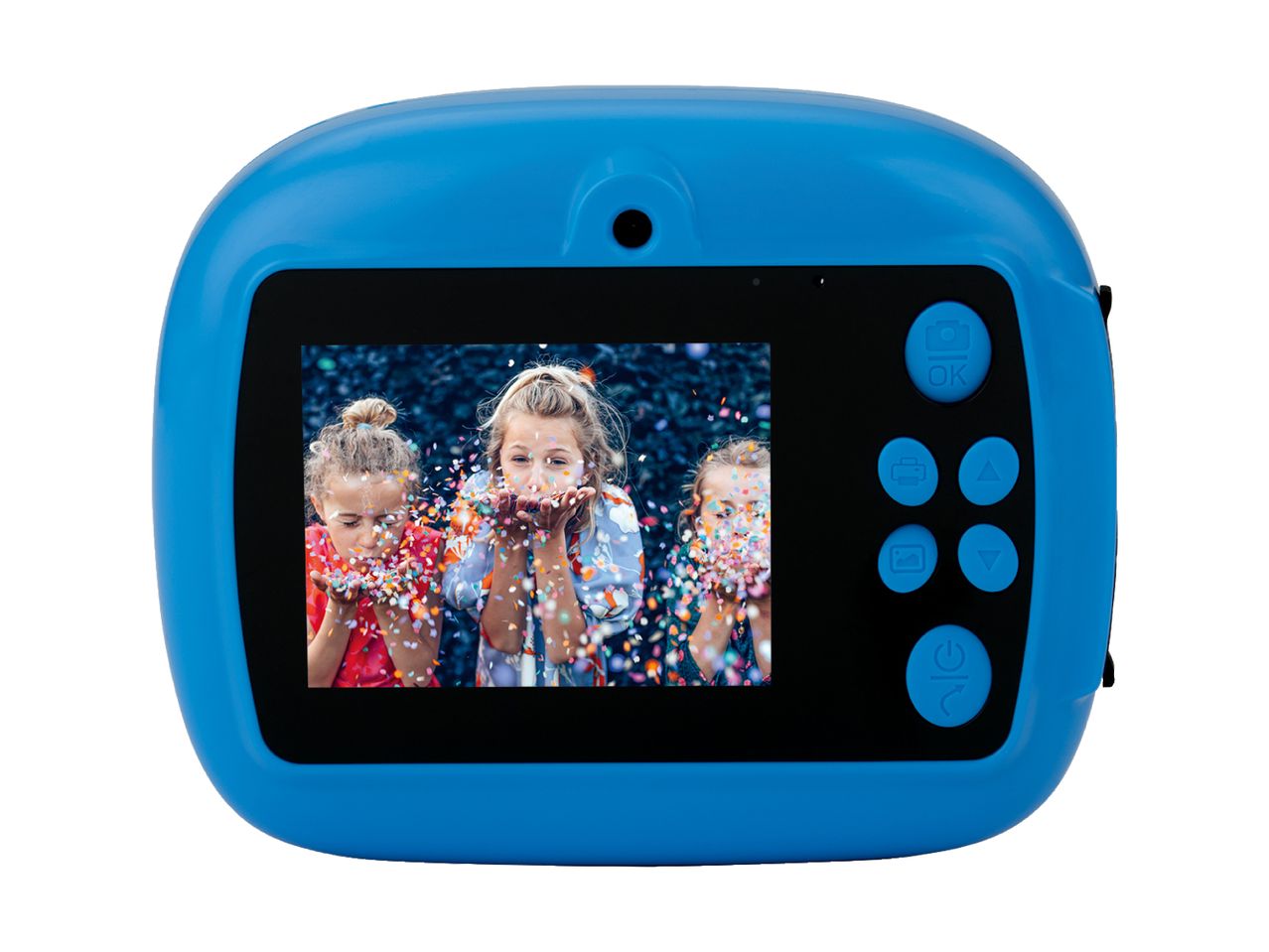 Blue kids' digital camera with a screen showing three children blowing confetti.
