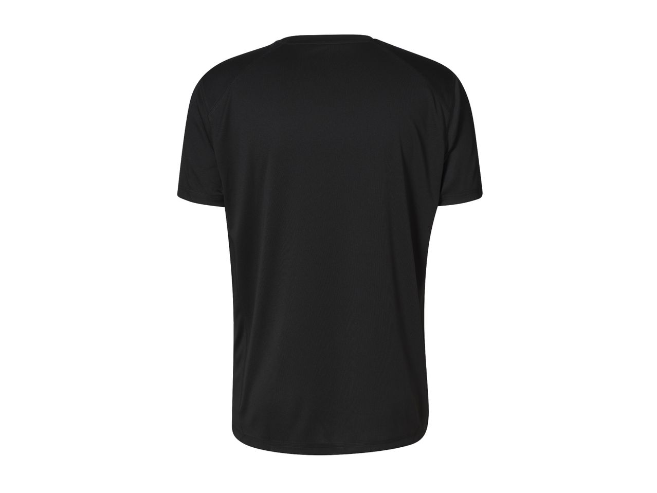 Back view of a plain black short-sleeved t-shirt with a crew neck.