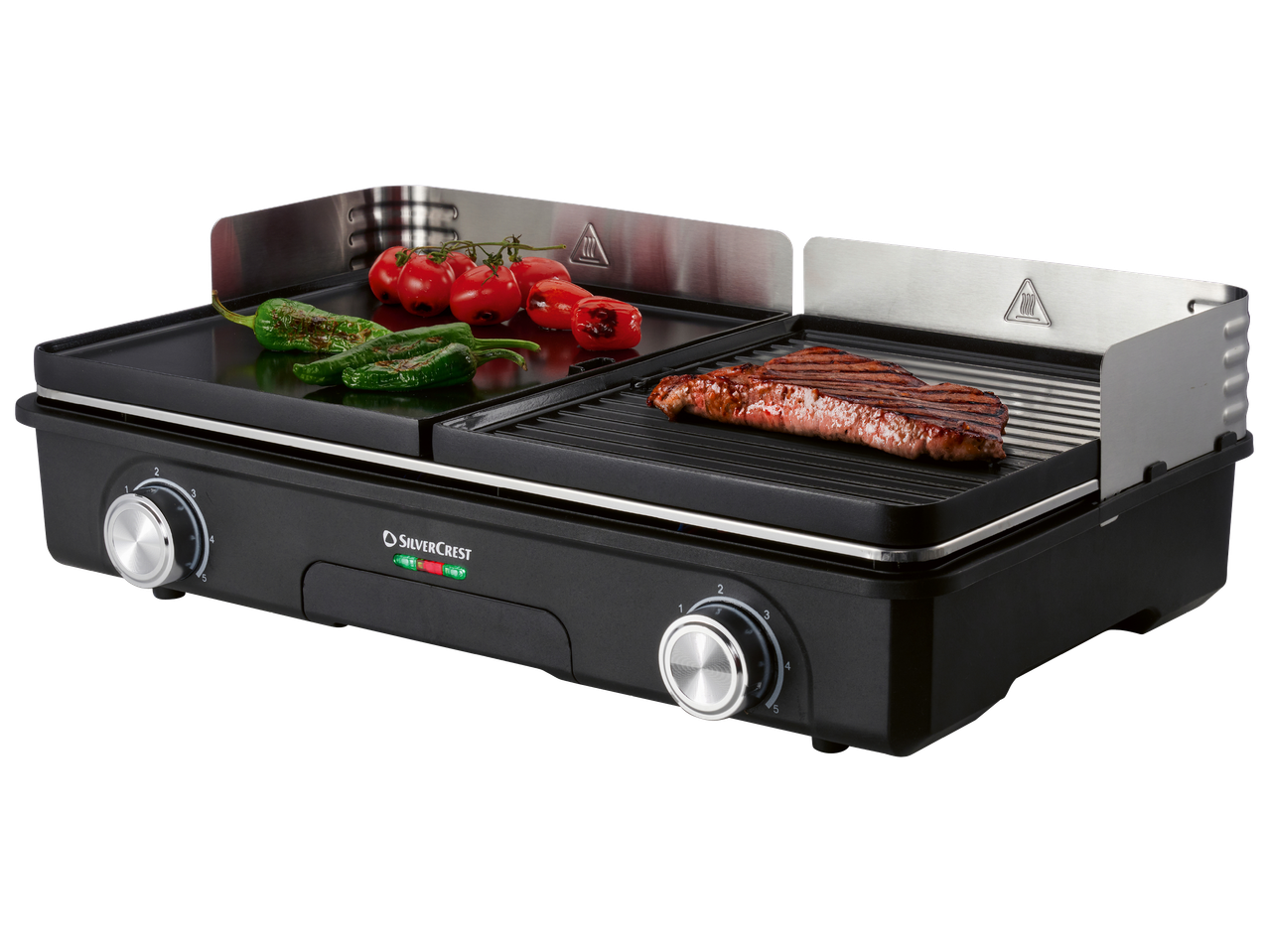 Електрически грил с две зони за готвене, месо и зеленчуци, с контролни бутони.