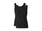 Zwei schwarze, gerippte Tanktops liegen übereinander.