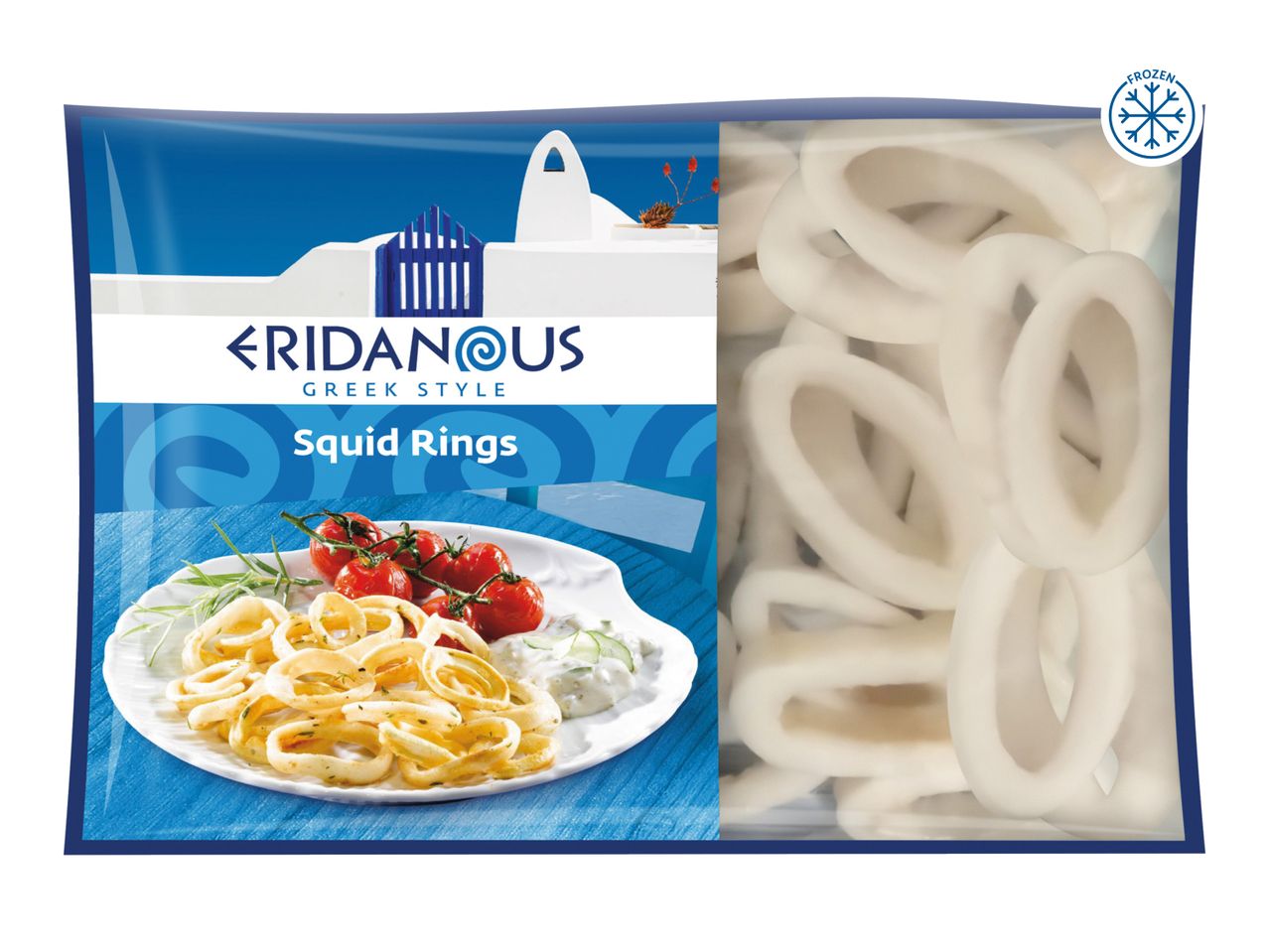 Eridanous Greek Style Squid Rings, frozen, with a serving suggestion of fried squid rings.