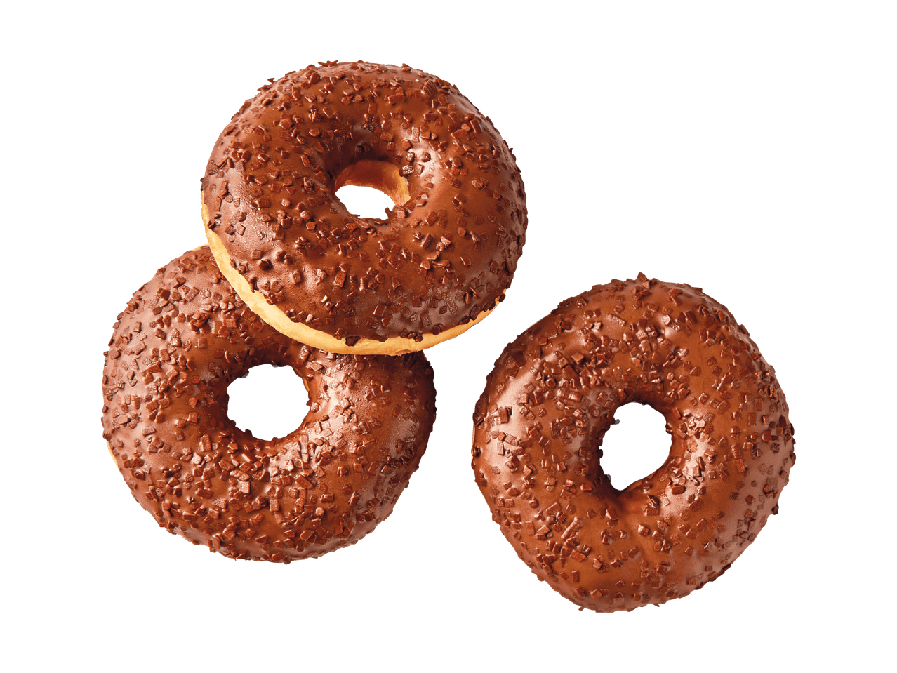 Drei Schokoladen-Donuts mit Schokostreuseln auf schwarzem Hintergrund.