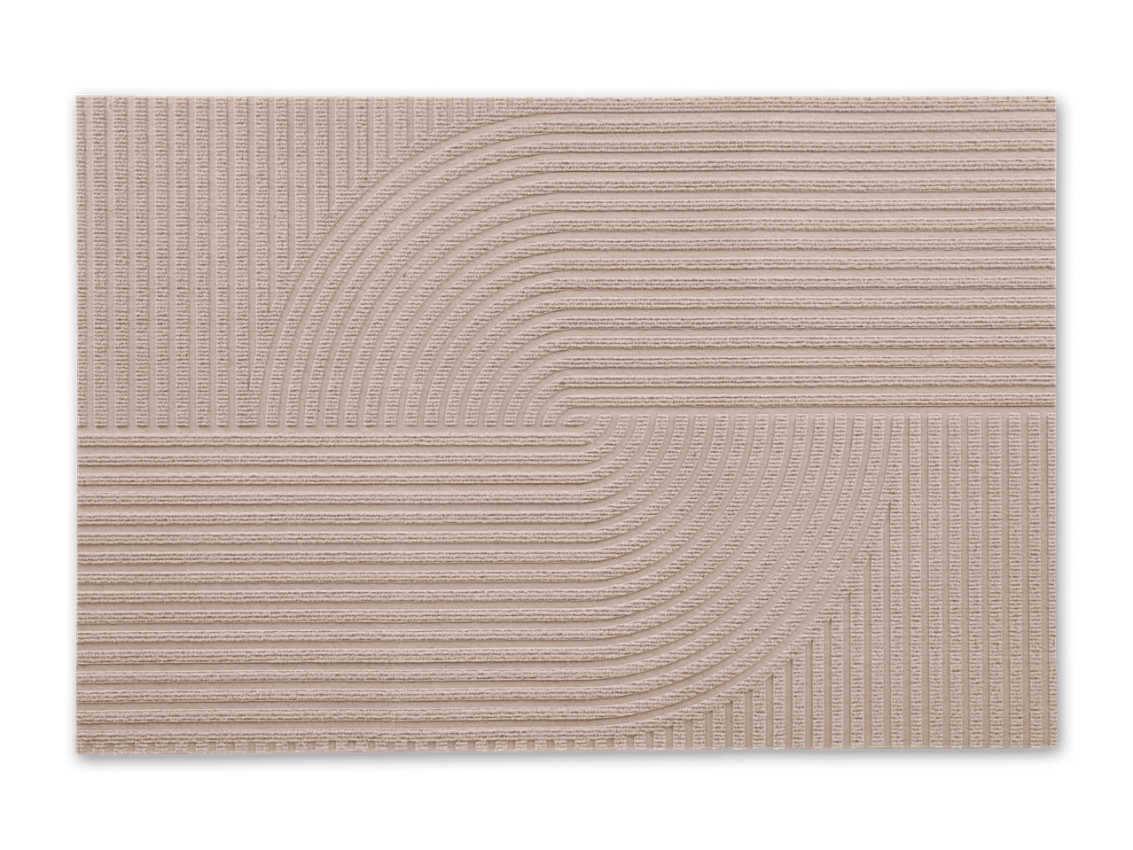 Beigefarbene, rechteckige Fliese mit erhabenen, geraden und gebogenen Linien.