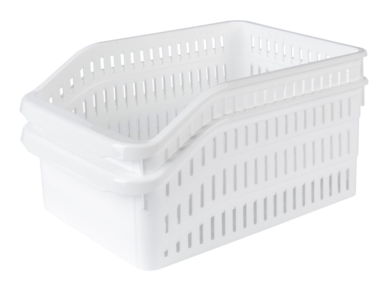 Two white plastic storage baskets with open sides.