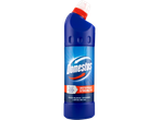 A blue bottle of Domestos Thick Bleach, with a white and red cap.