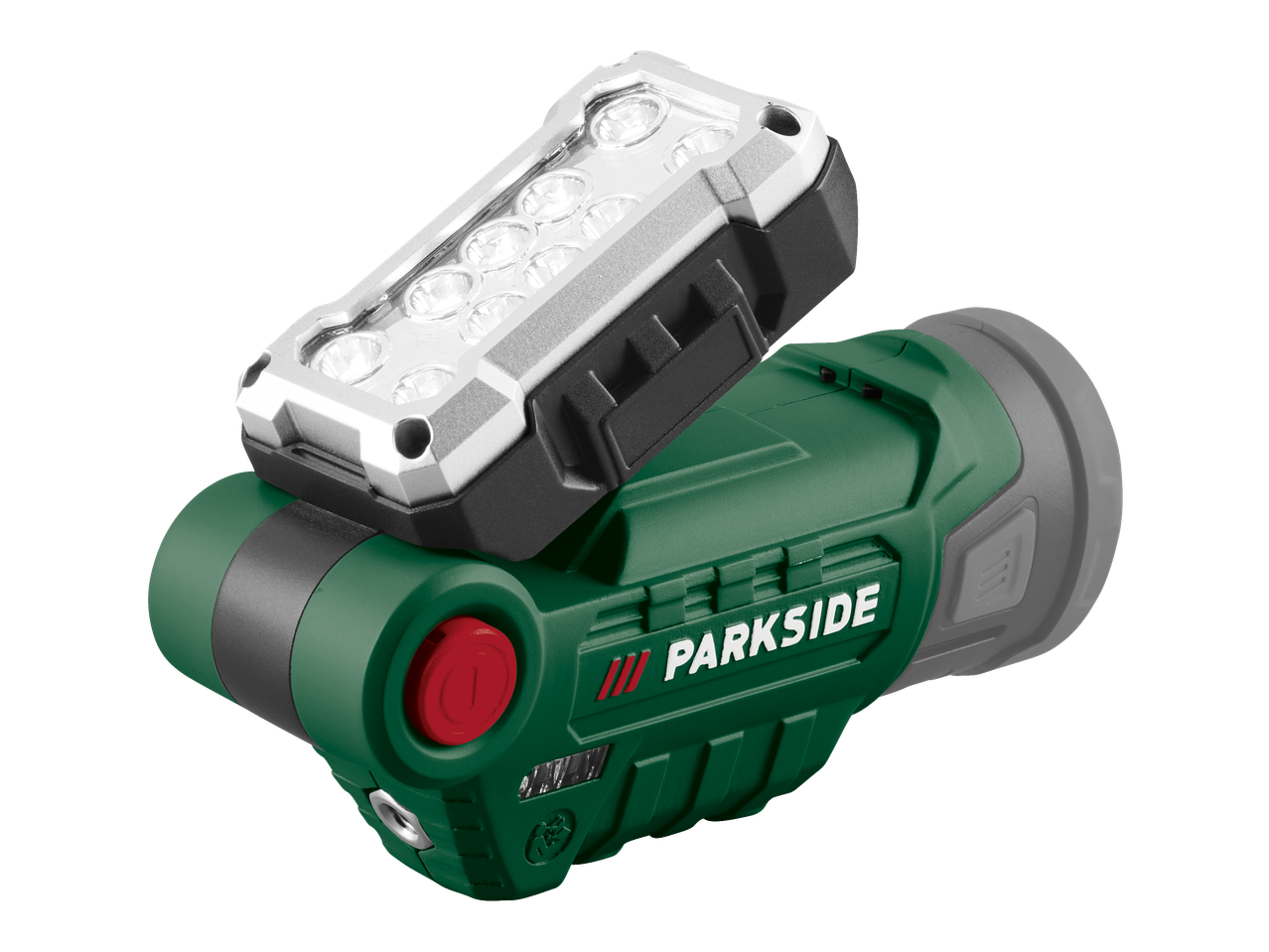 Žalia ir sidabrinė magnetinė PARKSIDE LED lempa su raudonu mygtuku