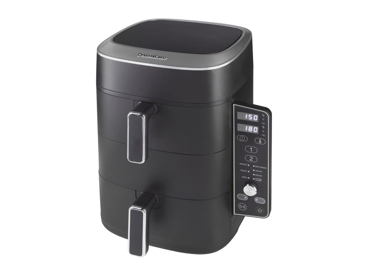 Black dual-basket air fryer with digital display showing temperature and cooking modes.
