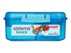 Blue bento lunch box with compartments for sandwich, fruit, and crackers, labeled 'BENTO CUBE'.
