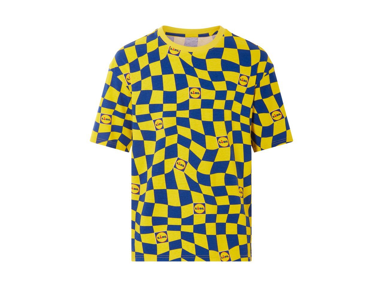 En gul og blå ternet T-shirt med Lidl-logoer.