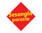 Punainen timantinmuotoinen sinetti, jossa lukee 'Sesongin parasta' keltaisella tekstillä.