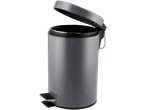 Coș de gunoi cu pedală Livarno, gri, cu capac deschis și pedală.