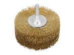 A brass wire brush wheel with a silver metal shank.