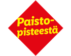 Punainen vinoneliön muotoinen sinetti, jossa lukee keltaisella tekstillä 'Paistopisteestä'.