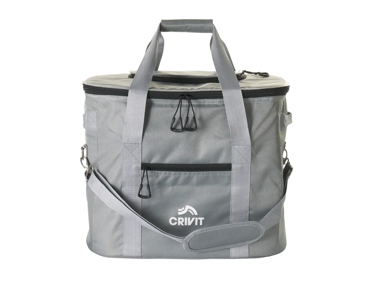 Grey cooler bag with top and front zippers, handles, and a shoulder strap.