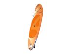 Orange and white inflatable stand-up paddleboard with black bungee cords and fin.