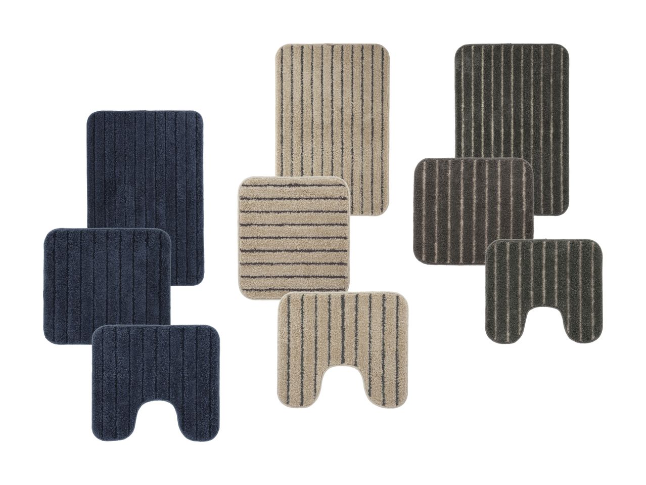 Drei Badezimmer-Teppichsets in Marine, Beige und Dunkelgrau mit Streifenmuster.