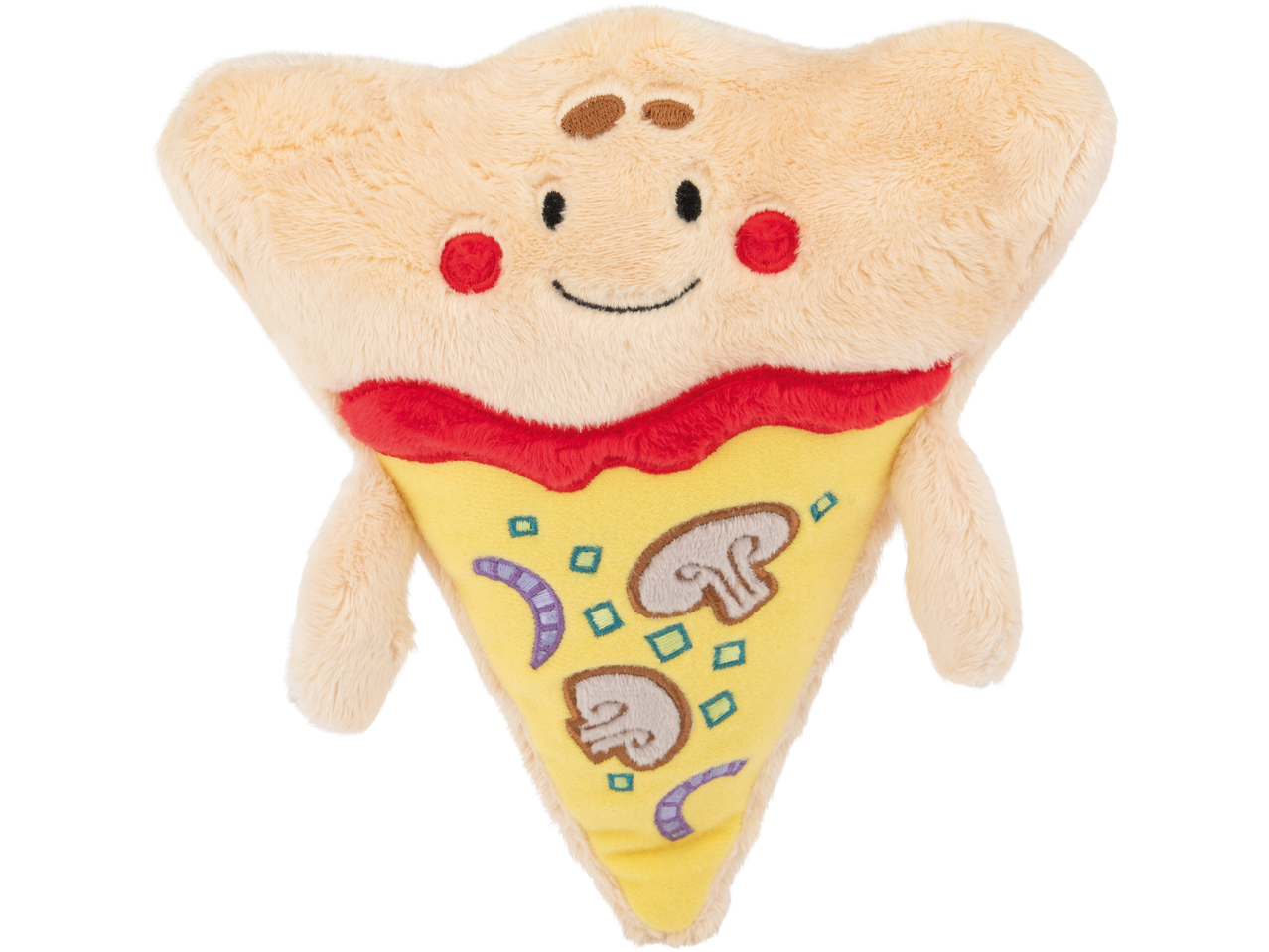 Peluche de pizza com rosto sorridente, cogumelos e cebola roxa.