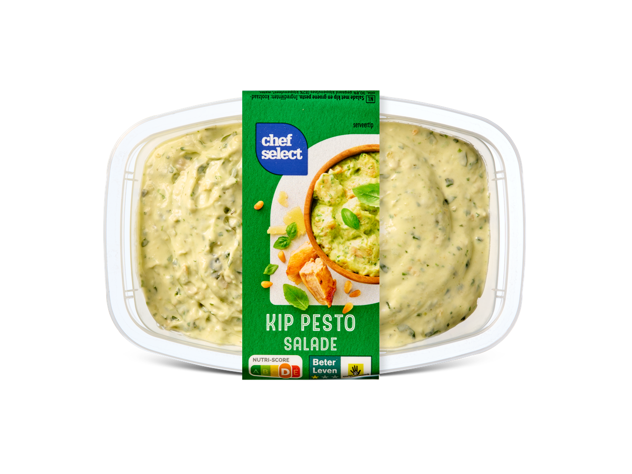 Chef Select kip pesto salade in een plastic bakje.