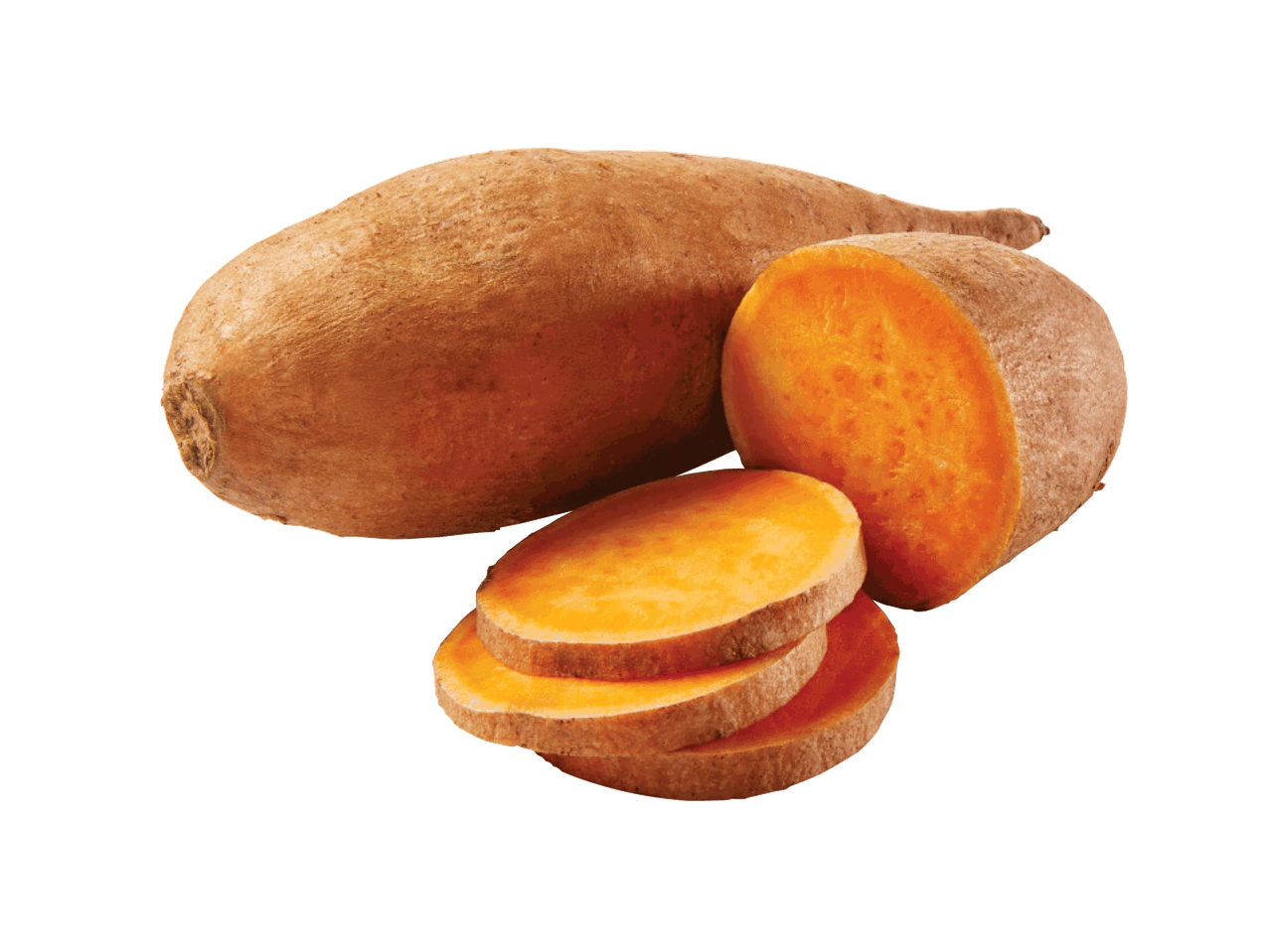 Saldžioji bulvė, perpjauta pusiau ir griežinėliais