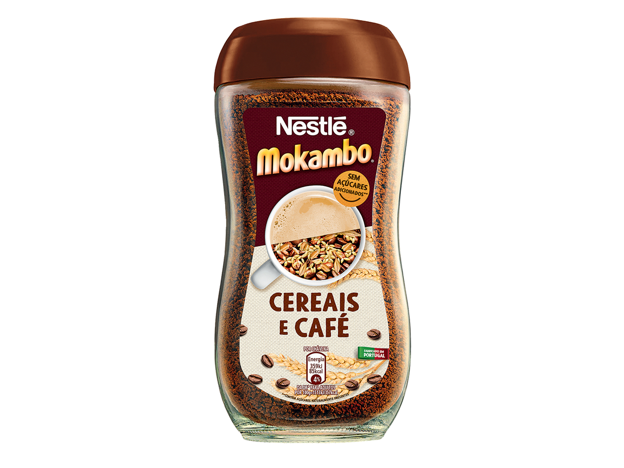 Frasco de café solúvel Nestlé Mokambo Cereais e Café, sem açúcares adicionados.