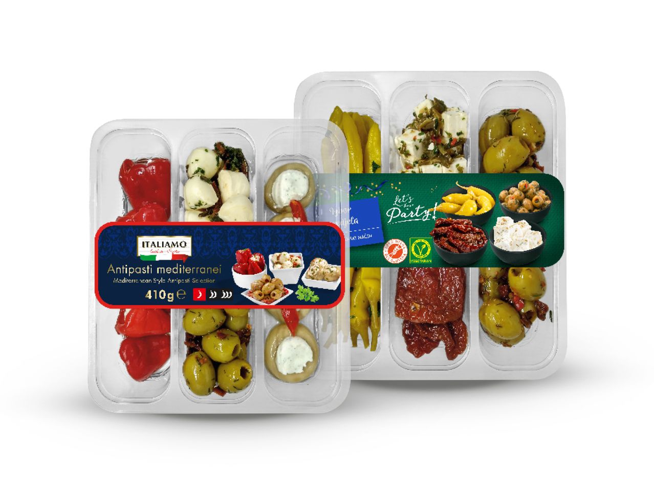 Dva pakiranja mediteranskih antipasta s paprikom, maslinama, sirom i sušenim rajčicama, s natpisom 'Let's Party!'