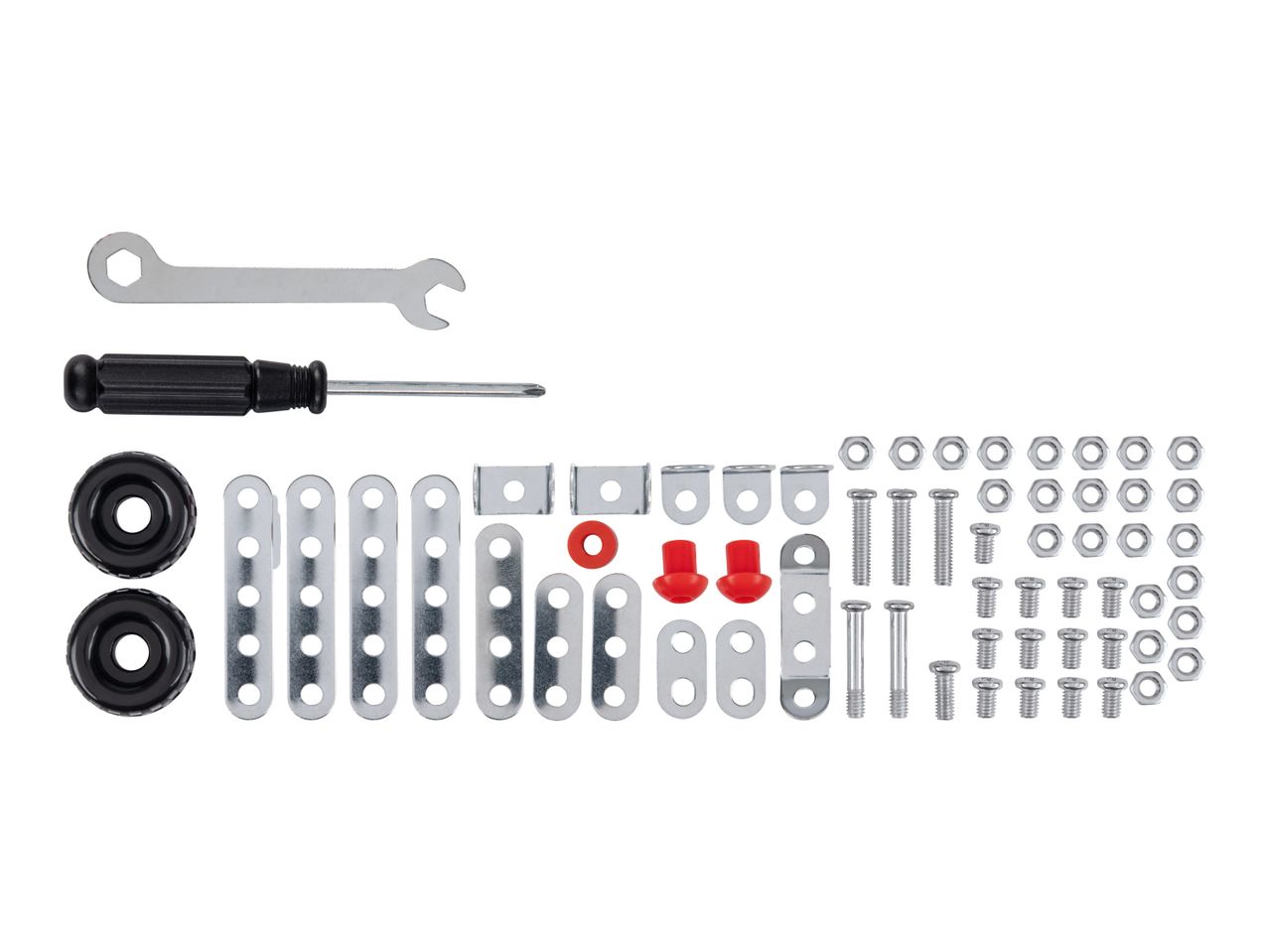 Assorted metal and plastic construction components, including screws, nuts, and connecting pieces, with a small wrench and screwdriver.