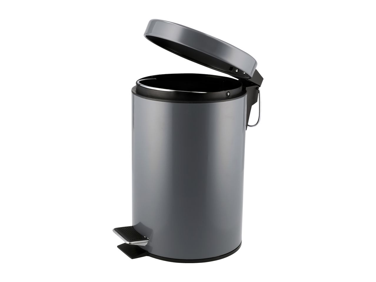 Grey pedal bin with an open lid, isolated on a white background.