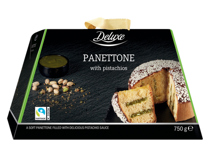 Panettone pyragas su pistacijų kremu, padengtas šokoladu