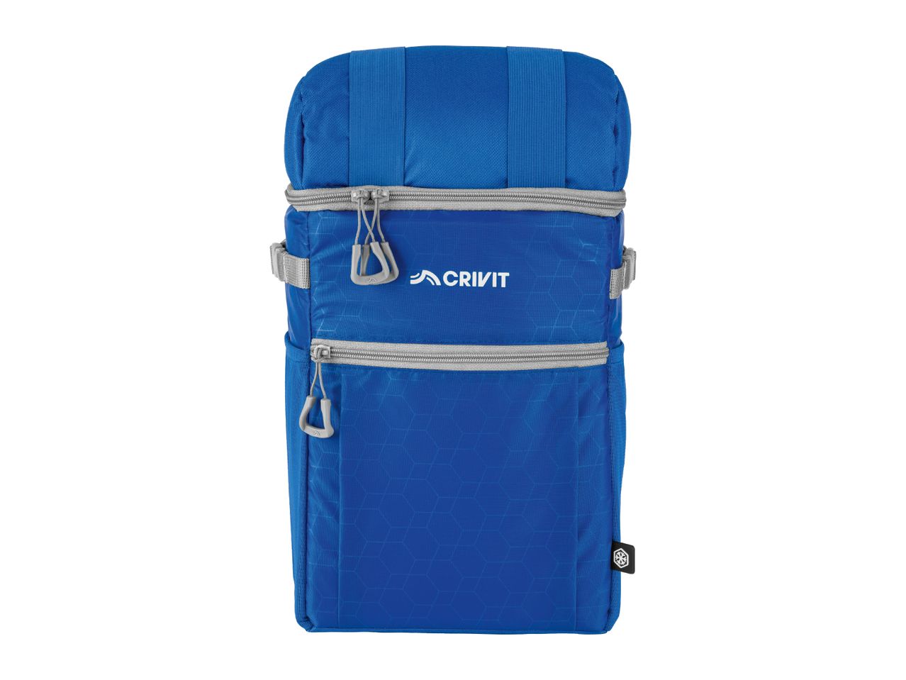 Blue insulated backpack with two zippered compartments and a subtle hexagonal pattern.