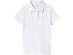 White short-sleeved kids' polo shirt with a scalloped collar and two buttons.
