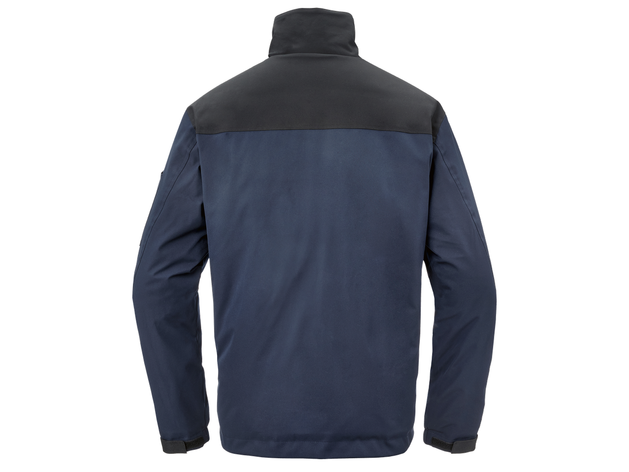 Тъмносиньо яке с черна горна част и яка, с изглед отзад.