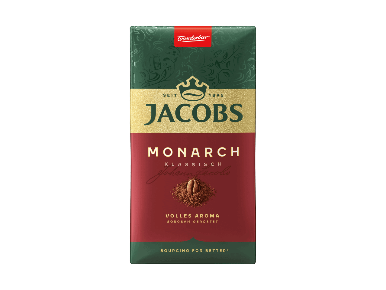 Jacobs Monarch Kaffeeverpackung: Klassischer Kaffee mit vollem Aroma, sorgfältig geröstet.